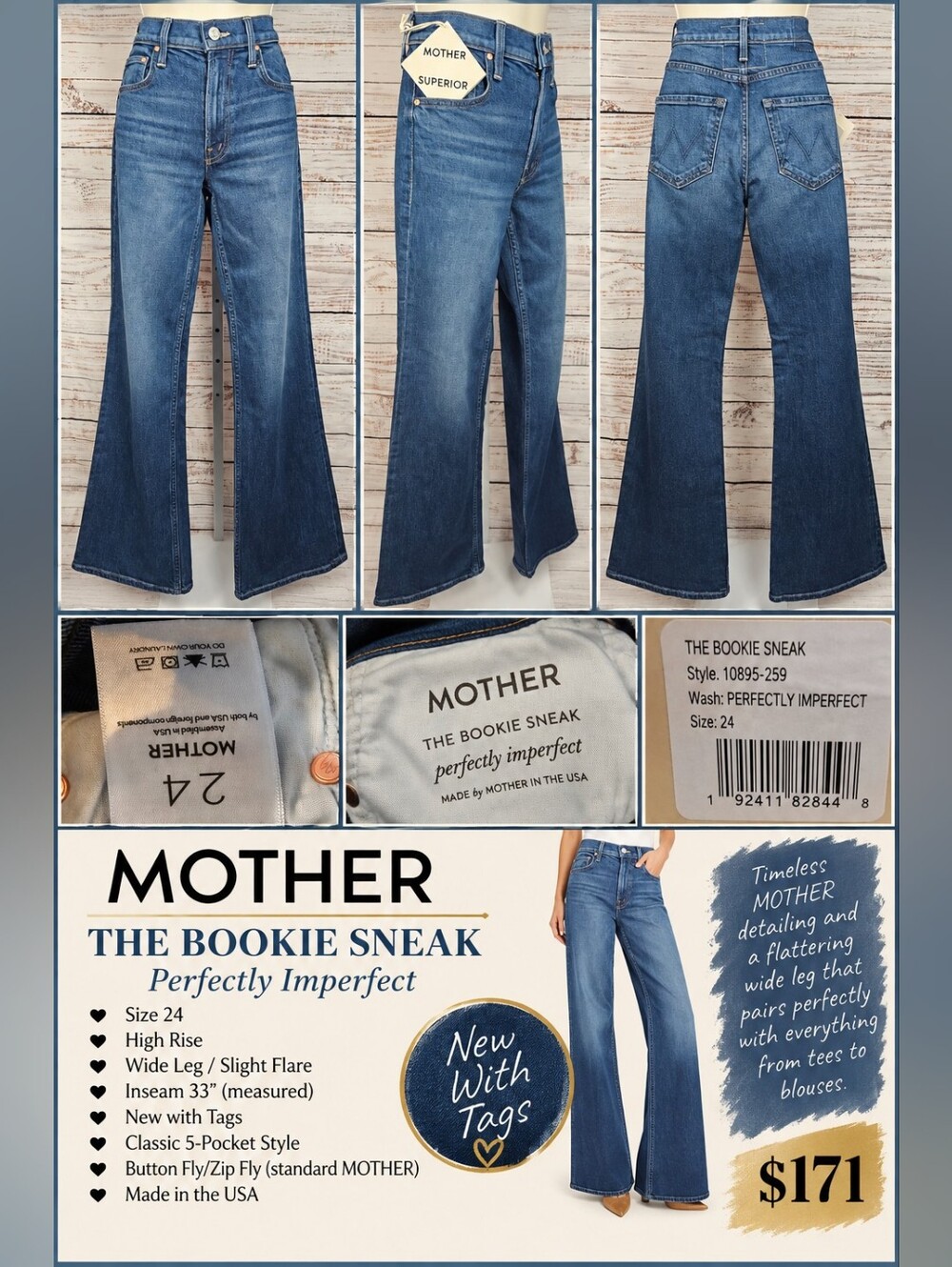 MOTHER The Bookie Sneak High Rise Wide Leg Sz 24 Perfectly Imperfect NWT